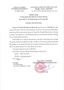 THÔNG BÁO VỀ VIỆC NGỪNG TIẾP NHẬN HỒ SƠ CHUYỂN NHƯỢNG DỰ ÁN ĐẦU TƯ XÂY DỰNG CHUNG CƯ LÊ TRỌNG TẤN