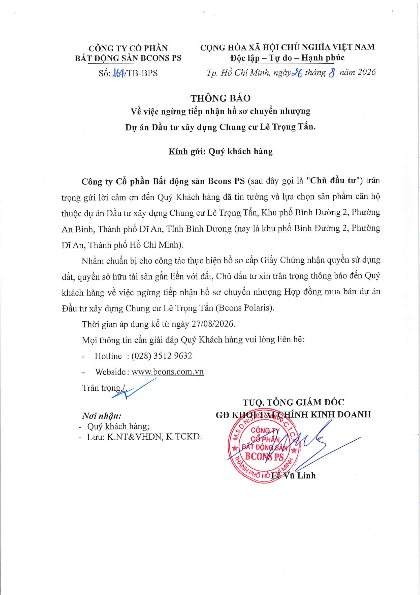 THÔNG BÁO VỀ VIỆC NGỪNG TIẾP NHẬN HỒ SƠ CHUYỂN NHƯỢNG DỰ ÁN ĐẦU TƯ XÂY DỰNG CHUNG CƯ LÊ TRỌNG TẤN