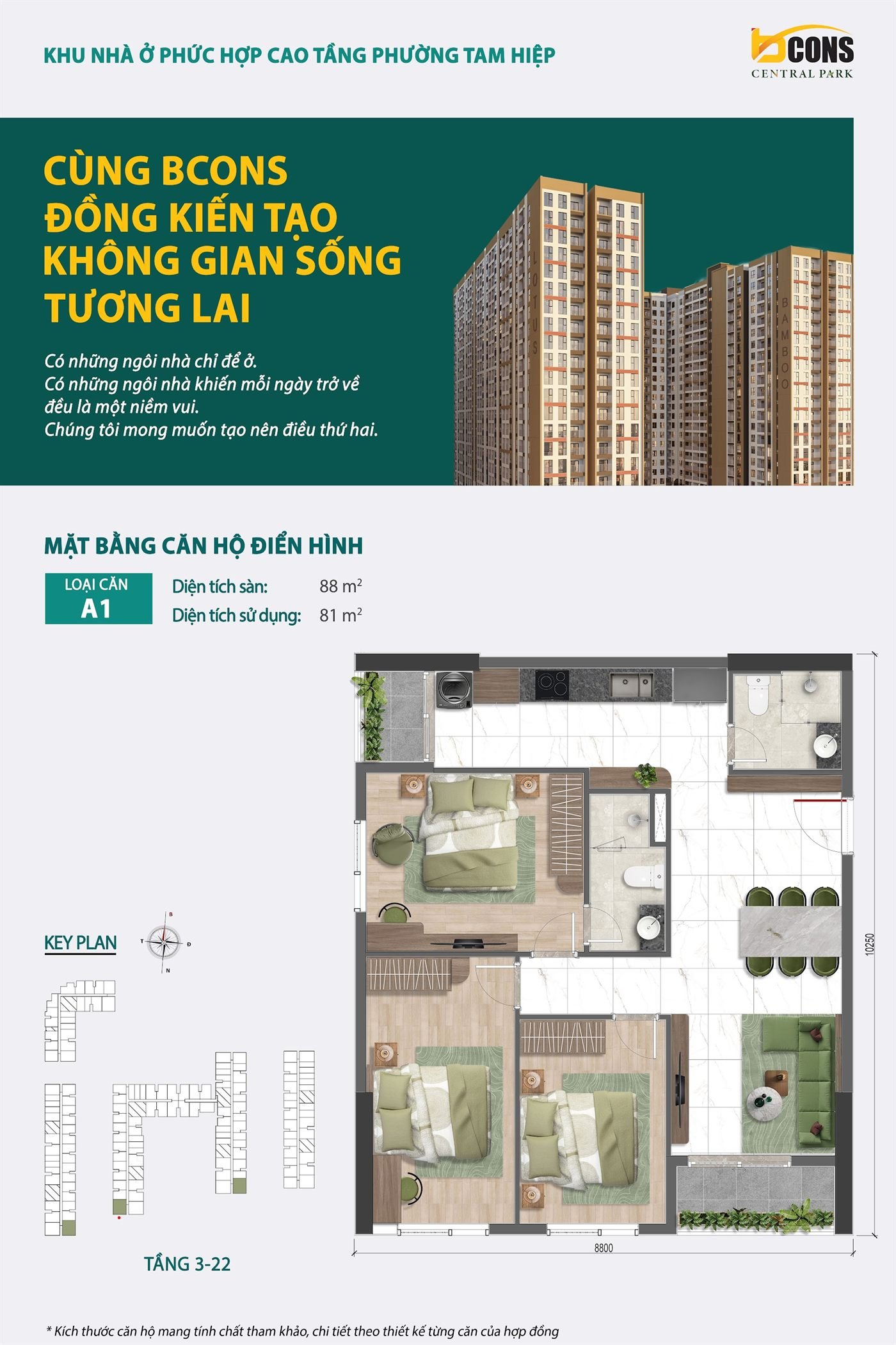 Mặt bằng thiết kế căn hộ A1 Bcons Central Park — Sàn 88 m² · Sử dụng 81 m²