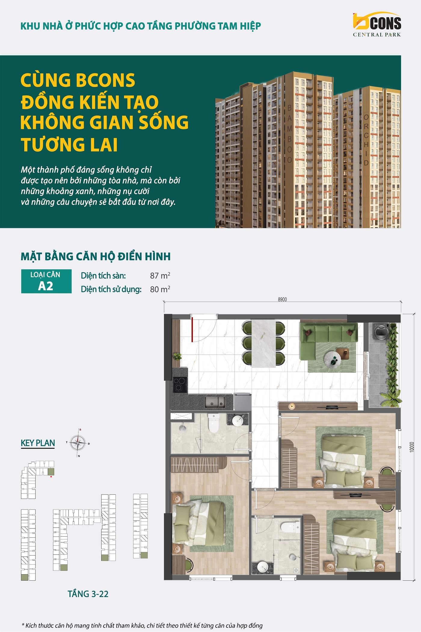 Mặt bằng thiết kế căn hộ A2 Bcons Central Park — Sàn 87 m² · Sử dụng 80 m²