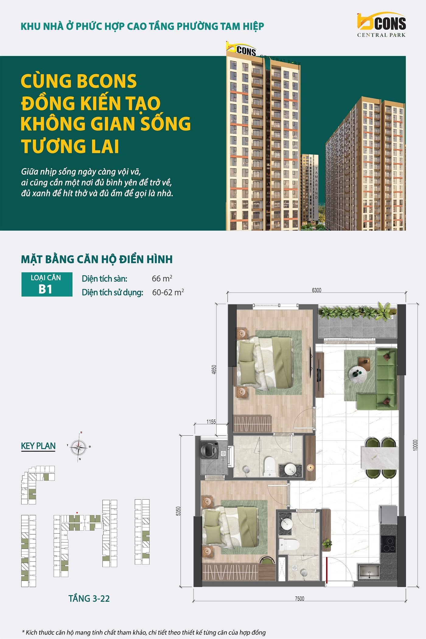 Mặt bằng thiết kế căn hộ B1 Bcons Central Park — Sàn 66 m² · Sử dụng 60 – 62 m²
