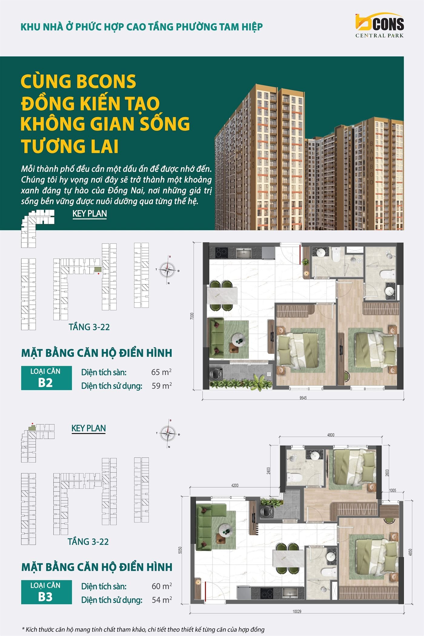 Mặt bằng thiết kế căn hộ B2 + B3 Bcons Central Park — B2: sàn 65 m² · B3: sàn 60 m²