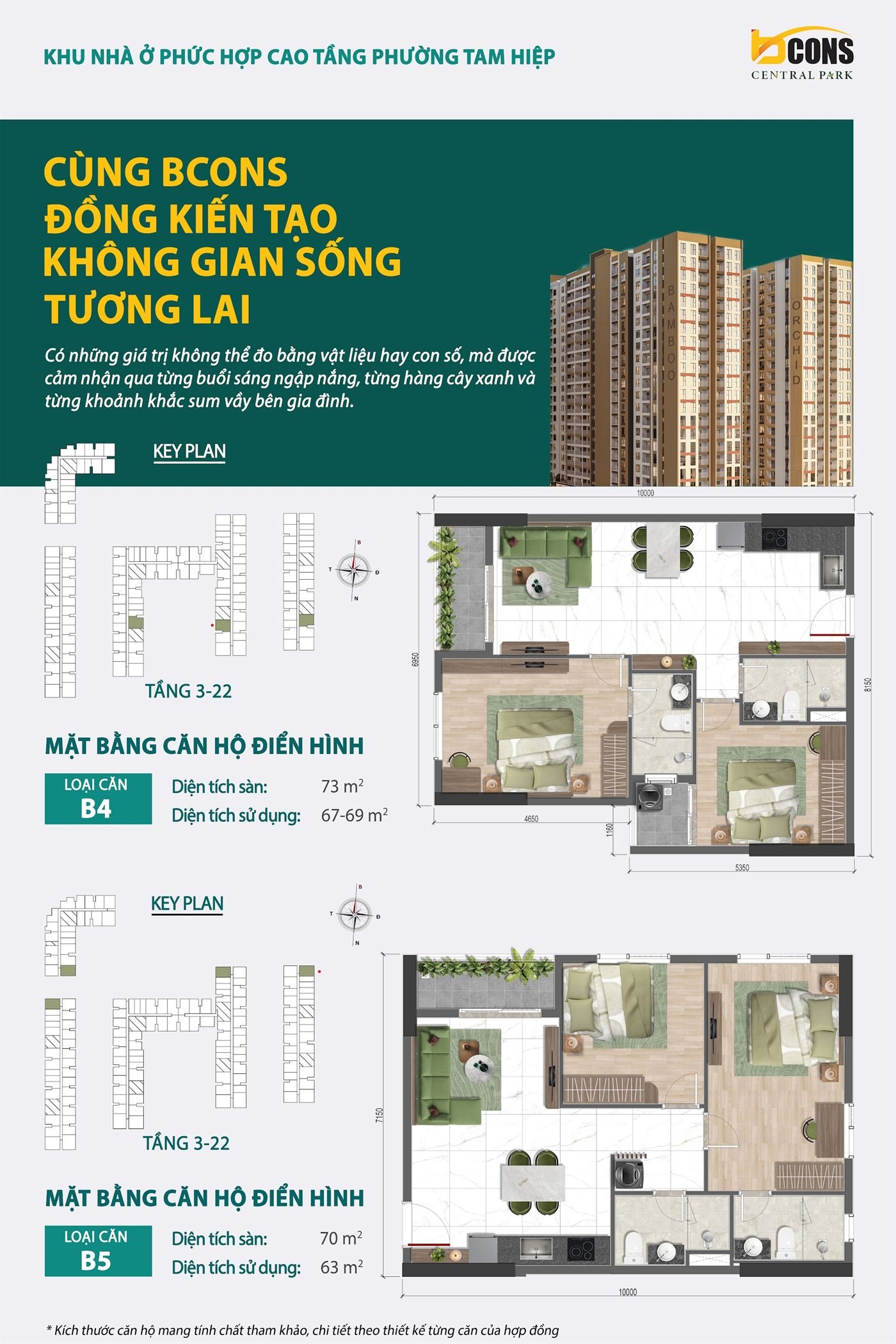Mặt bằng thiết kế căn hộ B4 + B5 Bcons Central Park — B4: sàn 73 m² · B5: sàn 70 m²