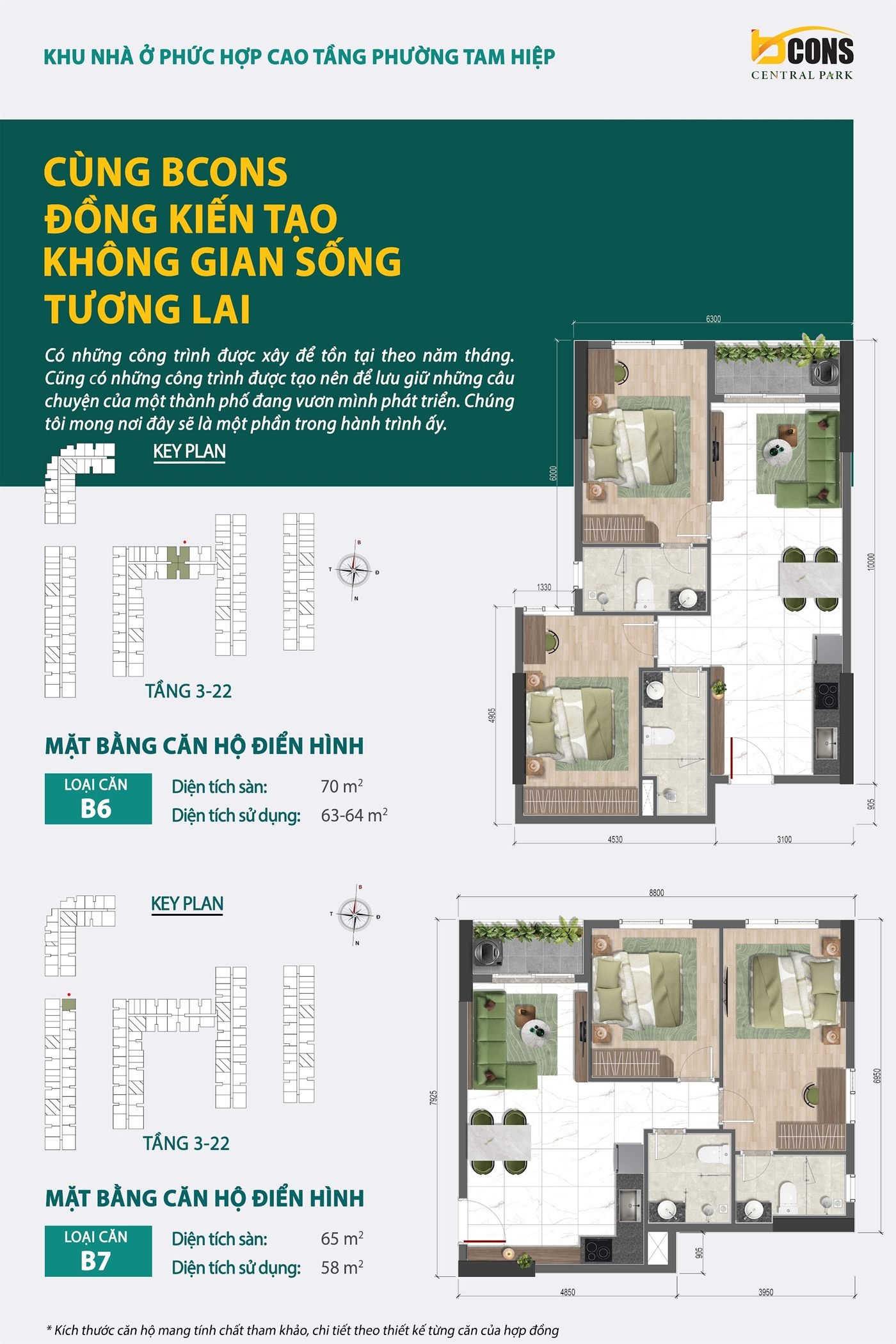 Mặt bằng thiết kế căn hộ B6 + B7 Bcons Central Park — B6: sàn 70 m² · B7: sàn 65 m²