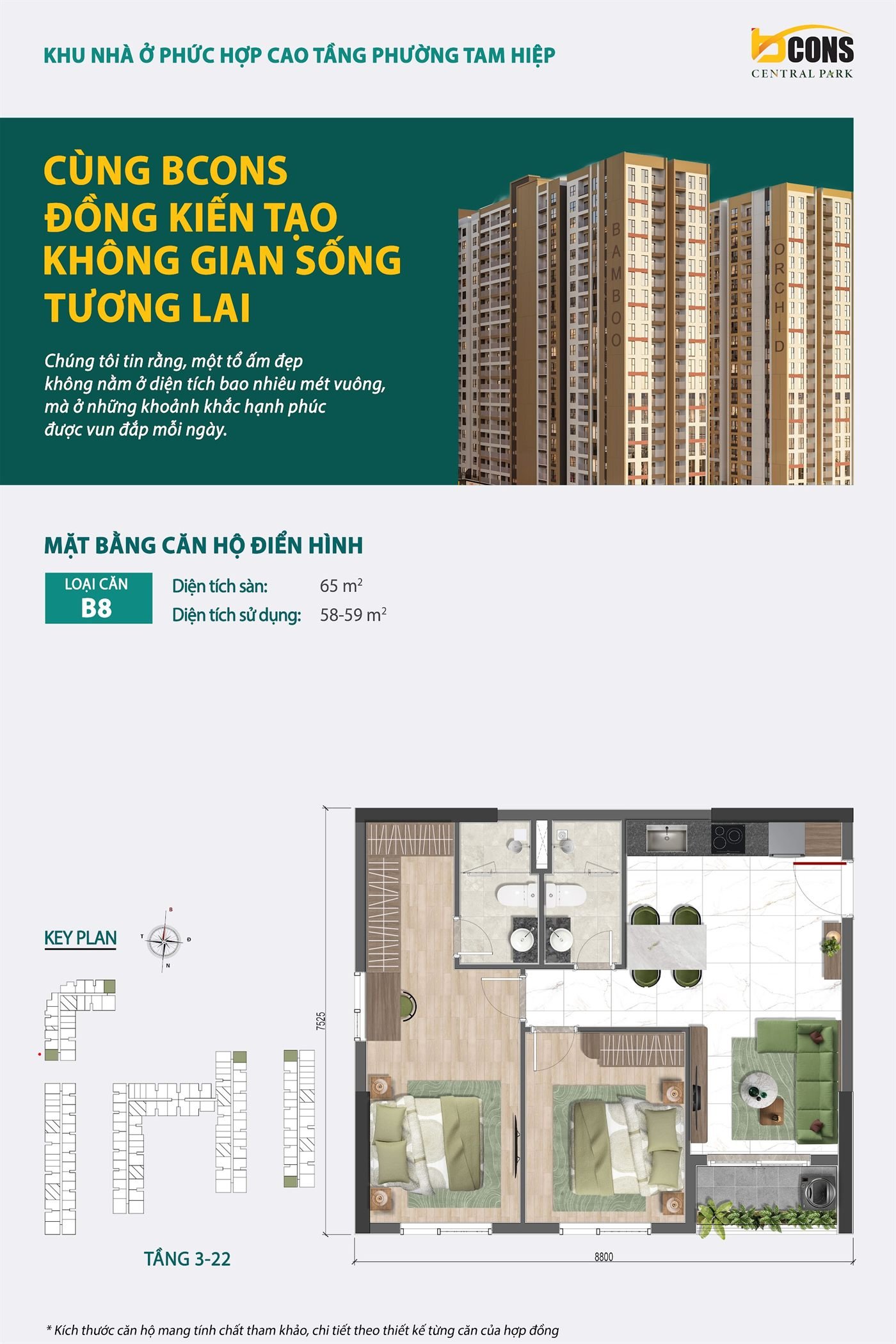 Mặt bằng thiết kế căn hộ B8 Bcons Central Park — Sàn 65 m² · Sử dụng 58 – 59 m²