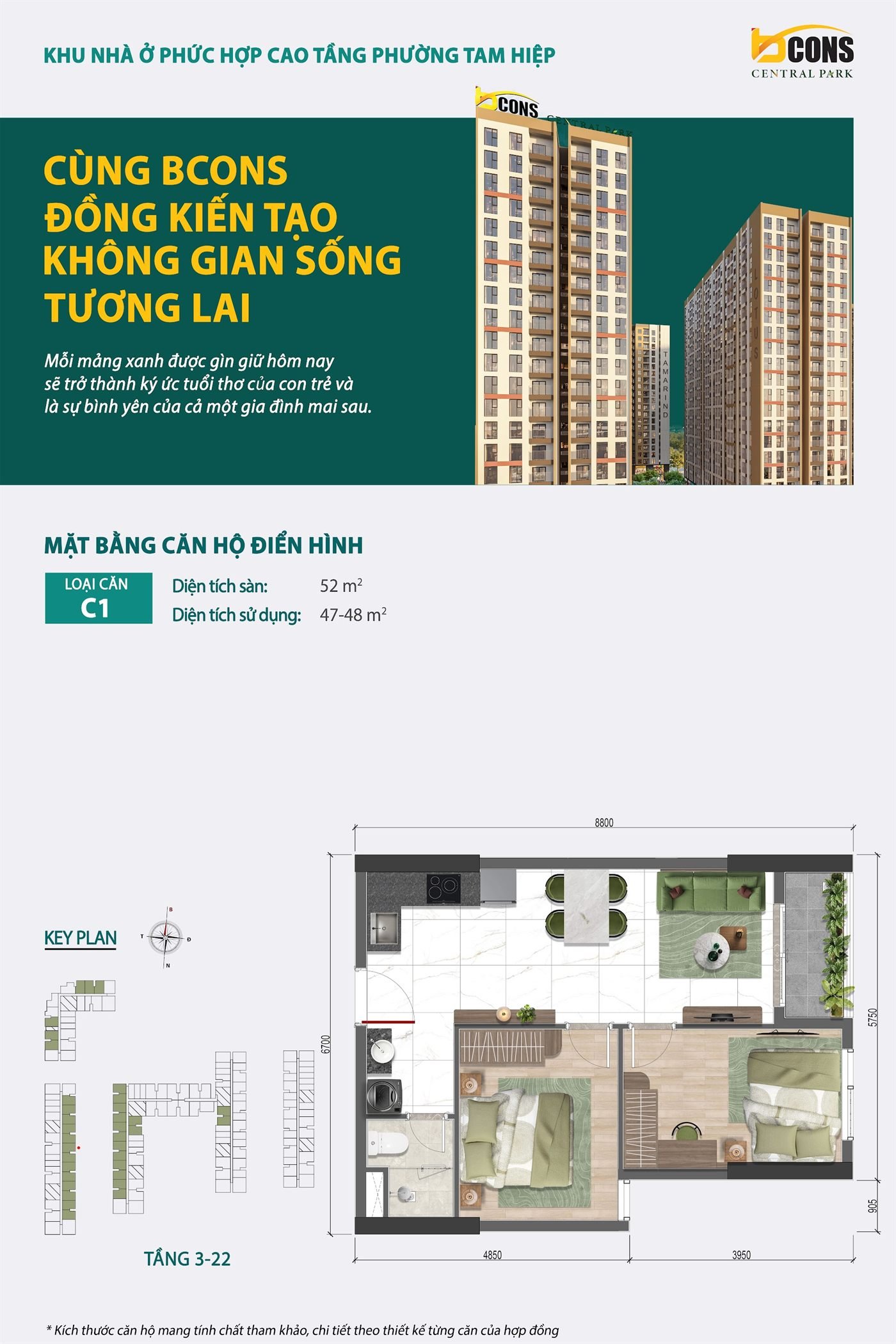 Mặt bằng thiết kế căn hộ C1 Bcons Central Park — Sàn 52 m² · Sử dụng 47 – 48 m²