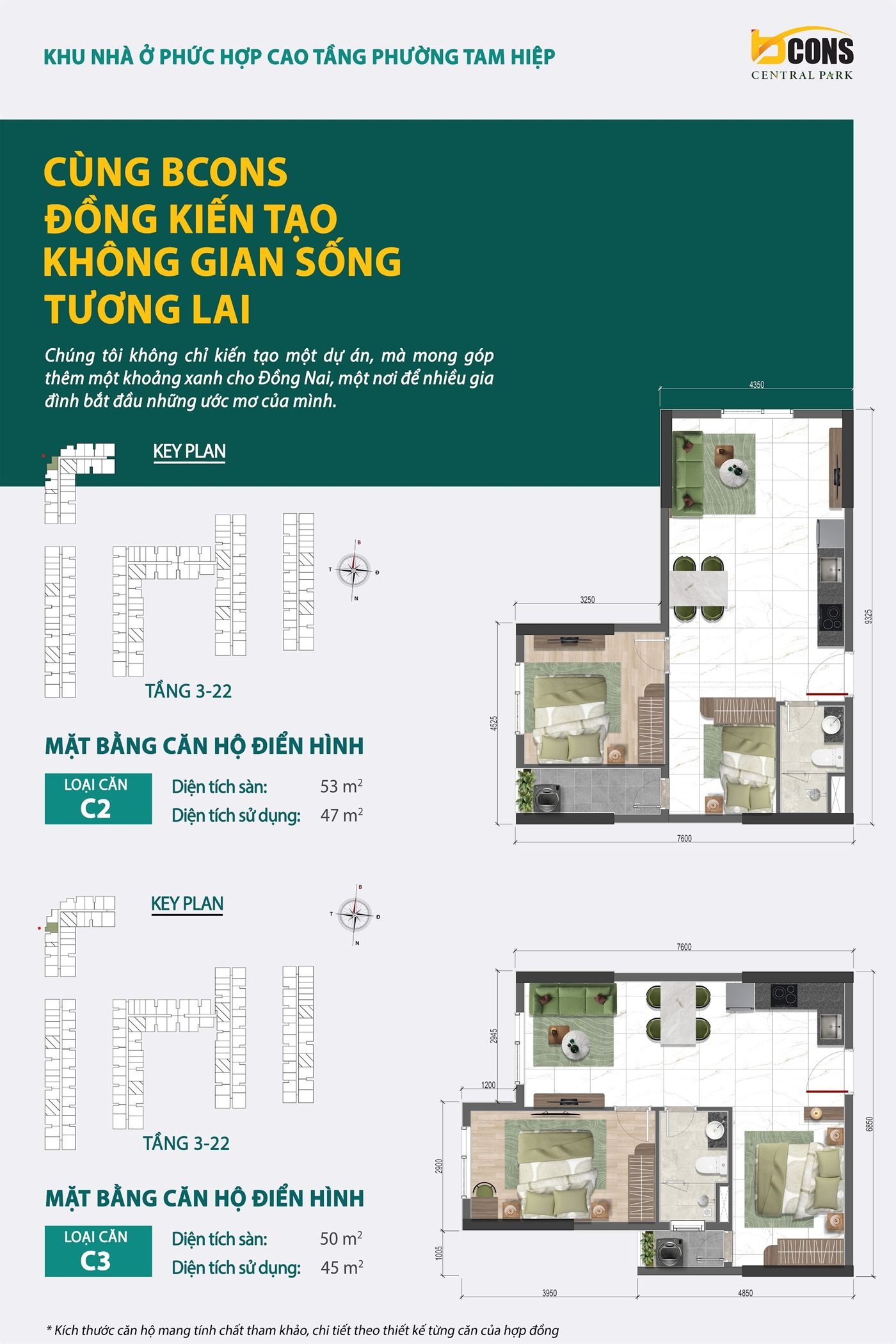 Mặt bằng thiết kế căn hộ C2 + C3 Bcons Central Park — C2: sàn 53 m² · C3: sàn 50 m²