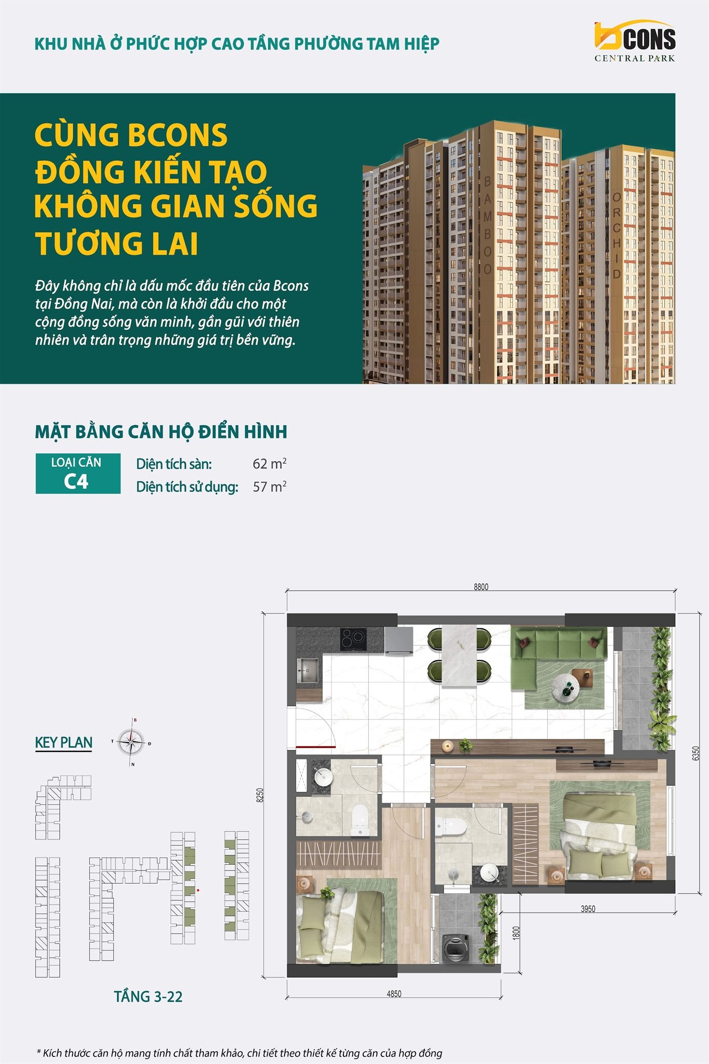 Mặt bằng thiết kế căn hộ C4 Bcons Central Park — Sàn 62 m² · Sử dụng 57 m²