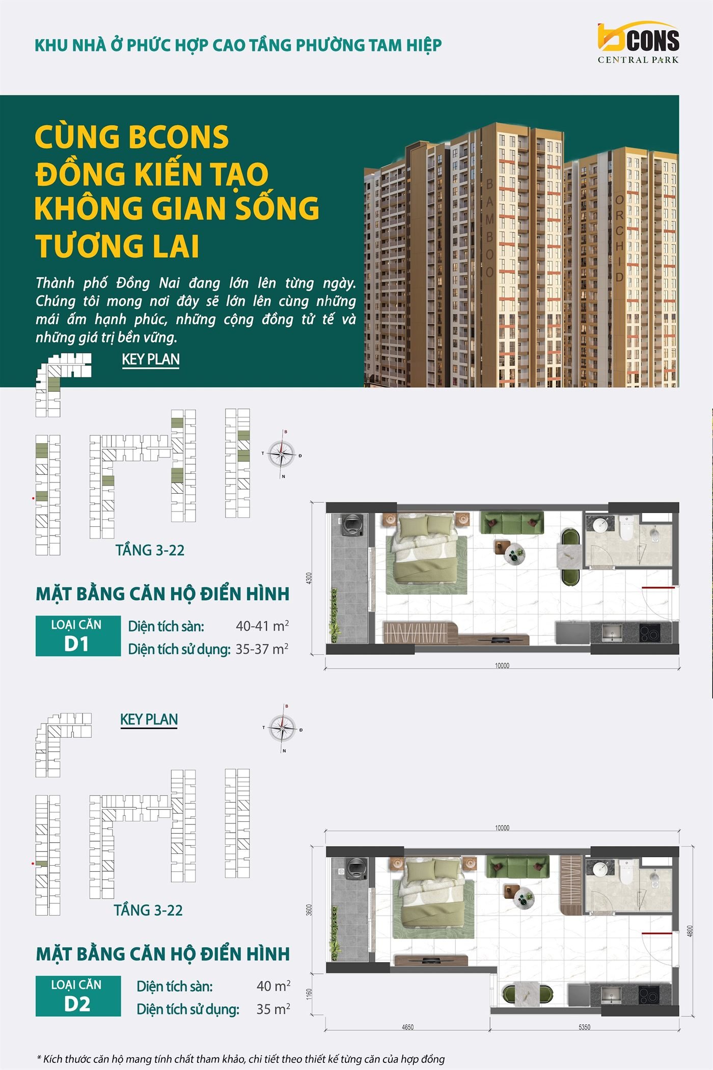 Mặt bằng thiết kế căn hộ D1 + D2 Bcons Central Park — D1: sàn 40 – 41 m² · D2: sàn 40 m²