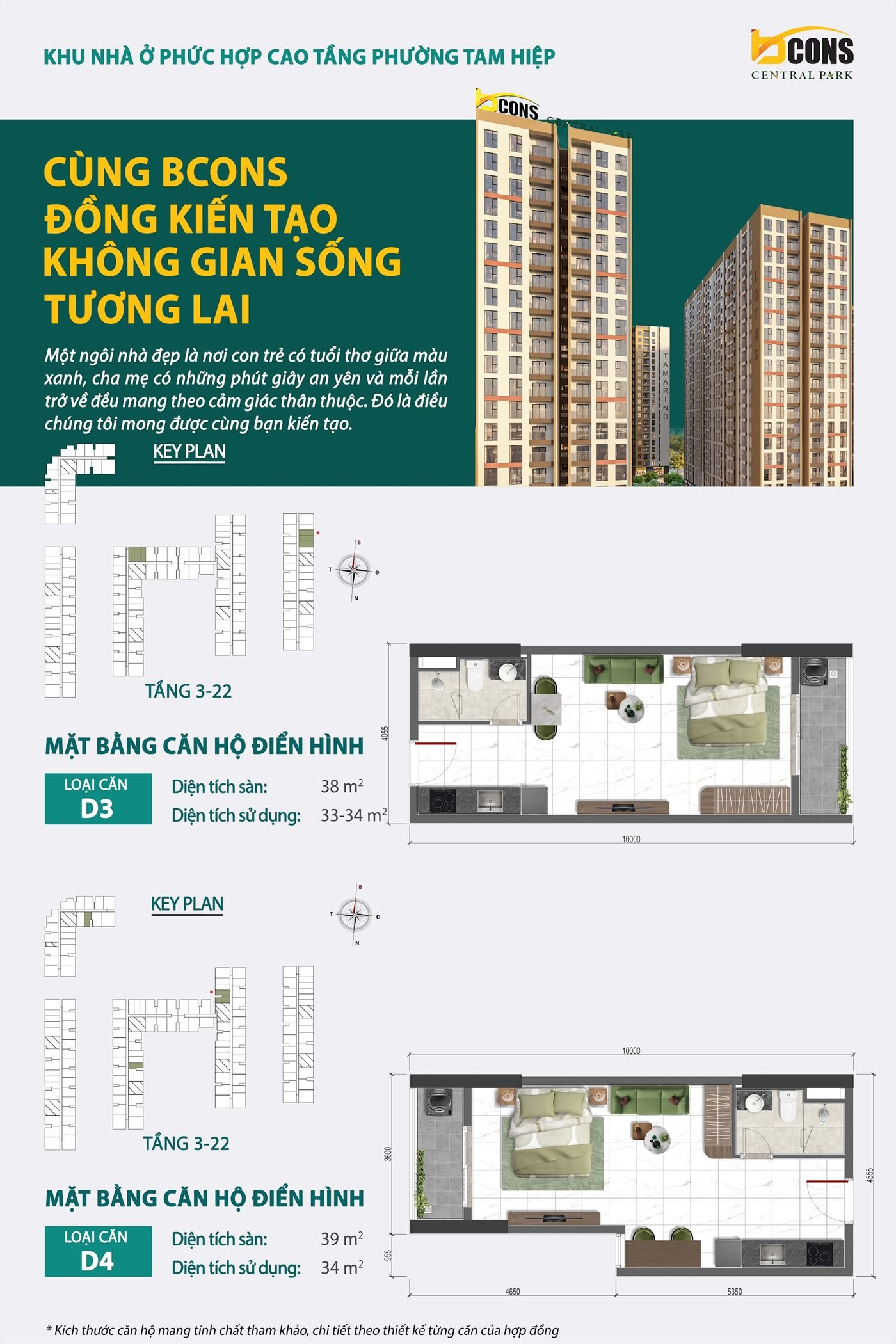 Mặt bằng thiết kế căn hộ D3 + D4 Bcons Central Park — D3: sàn 38 m² · D4: sàn 39 m²
