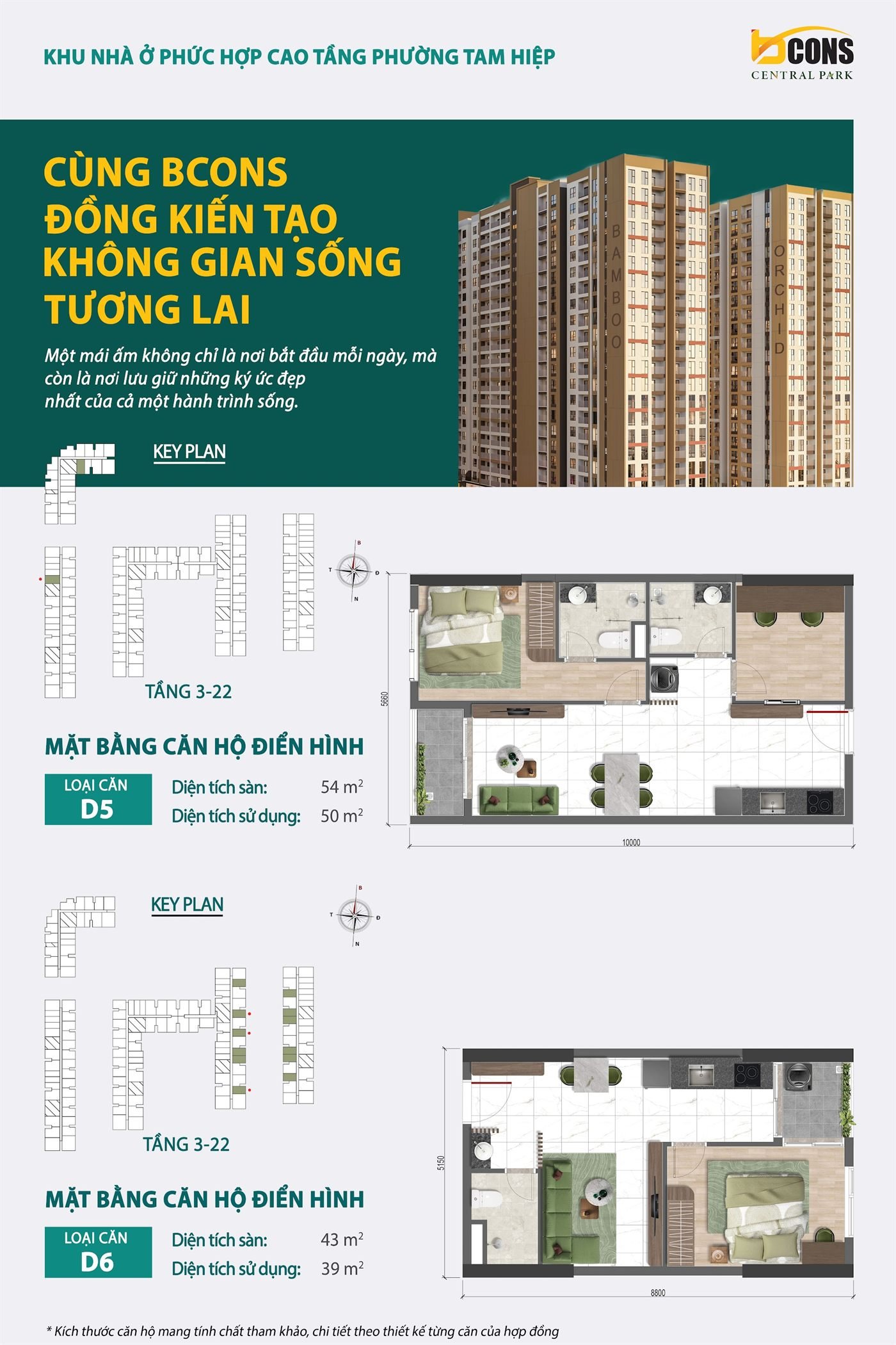 Mặt bằng thiết kế căn hộ D5 + D6 Bcons Central Park — D5: sàn 54 m² · D6: sàn 43 m²