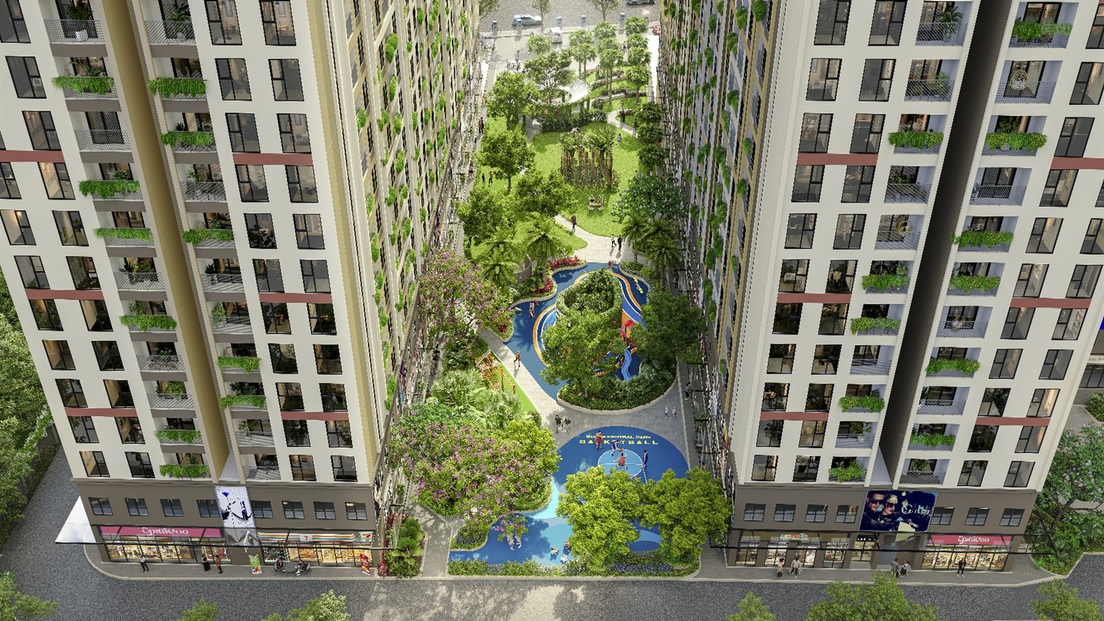 Toàn cảnh mảng xanh, hồ bơi và sân thể thao nhìn từ trên cao — Bcons Central Park