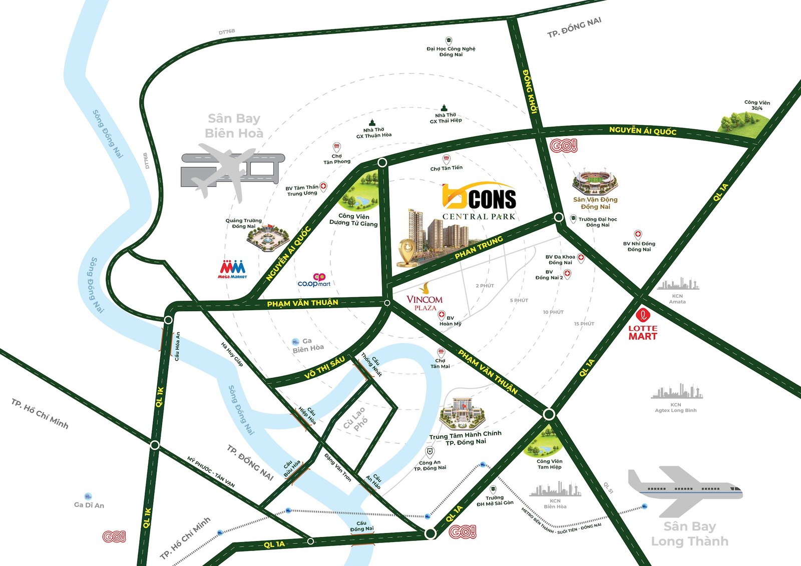 Họa đồ vị trí dự án Bcons Central Park tại đường Phan Trung, trung tâm TP. Biên Hòa