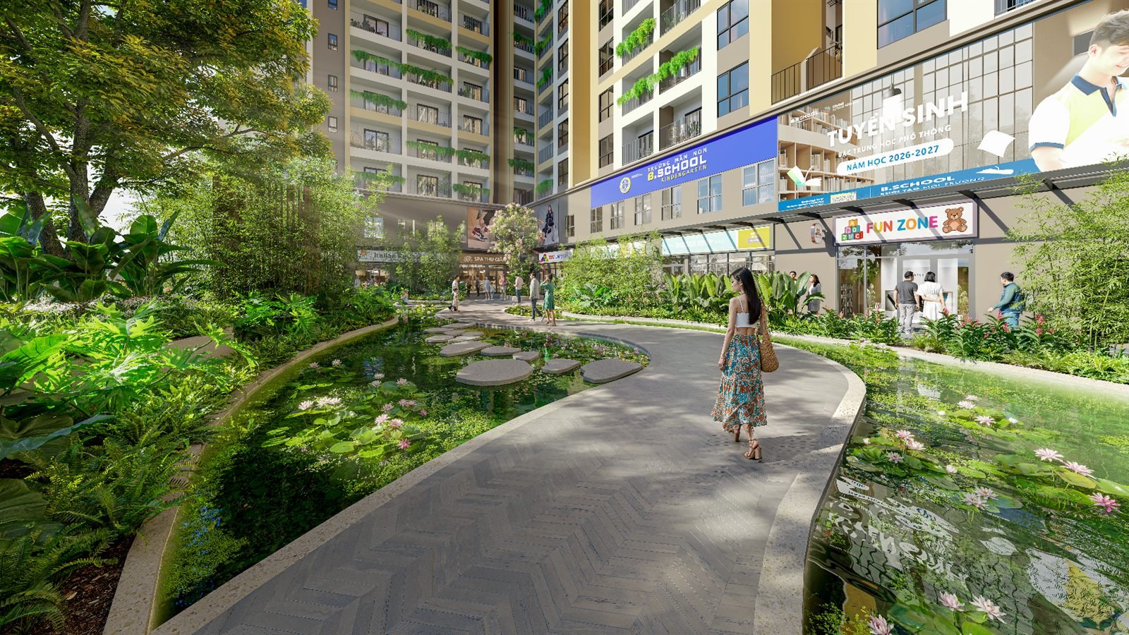 Hồ cảnh quan & đường dạo bộ dẫn vào trường mầm non nội khu — Bcons Central Park