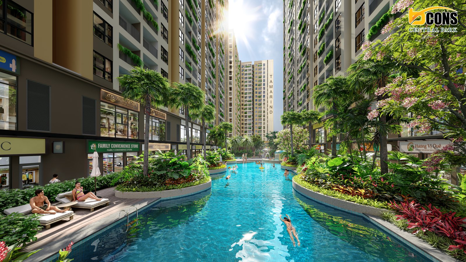 Hồ bơi dòng sông và cảnh quan xanh nội khu dự án Bcons Central Park Biên Hòa