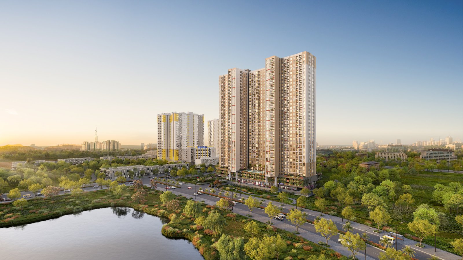 Phối cảnh Bcons Aria trong ánh hoàng hôn, những tòa tháp bên không gian xanh