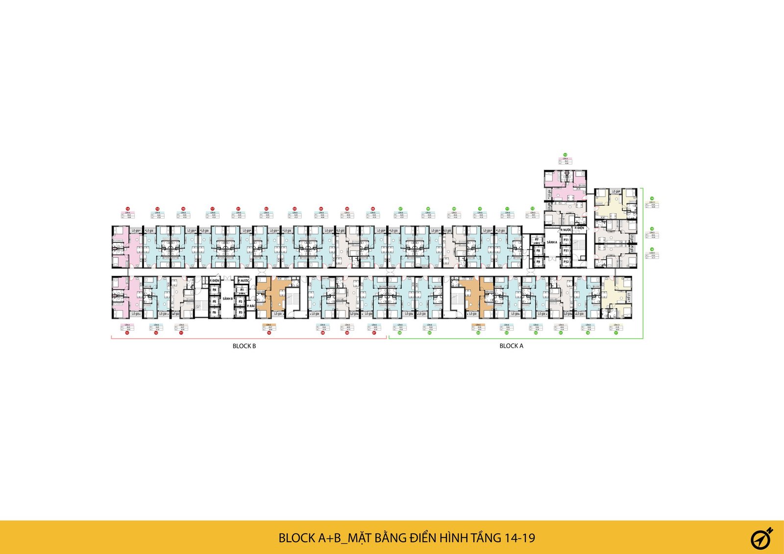 Block A+B mặt bằng điển hình tầng 14 đến 19 Bcons Solary