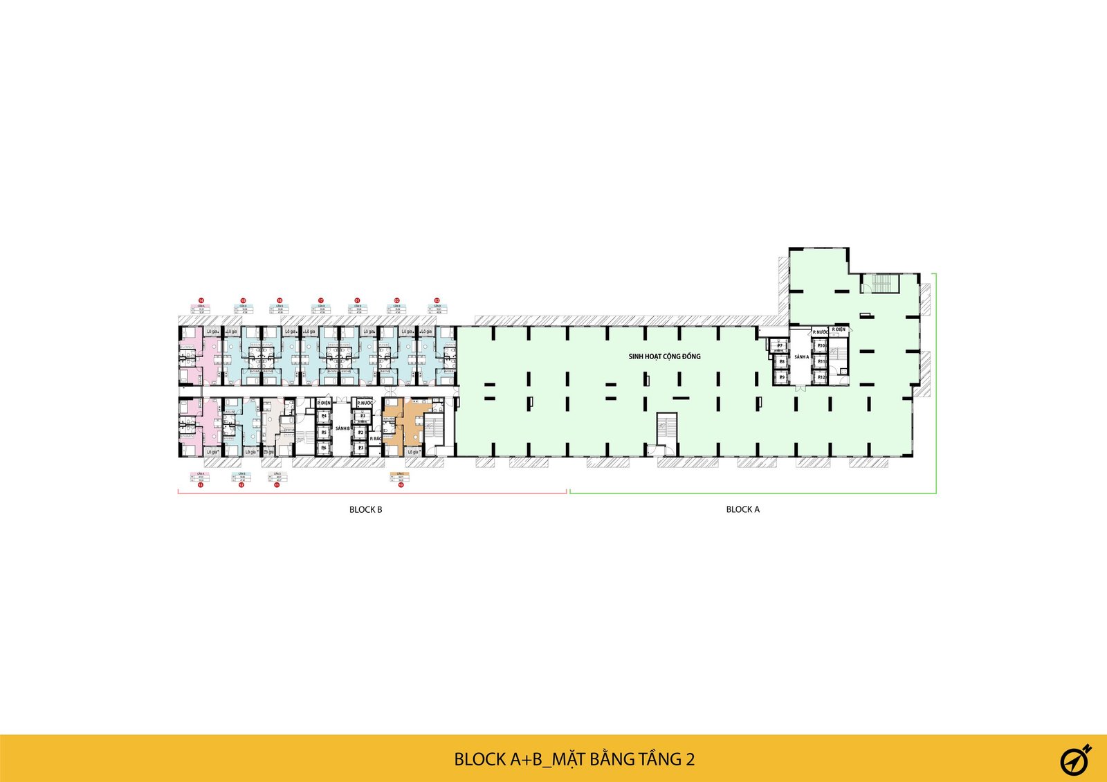 Block A+B mặt bằng tầng 2 Bcons Solary