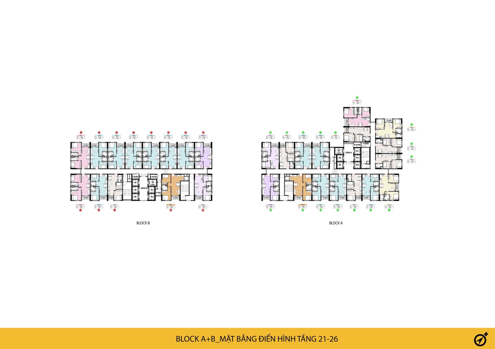 Block A+B mặt bằng điển hình tầng 21 đến 26 Bcons Solary