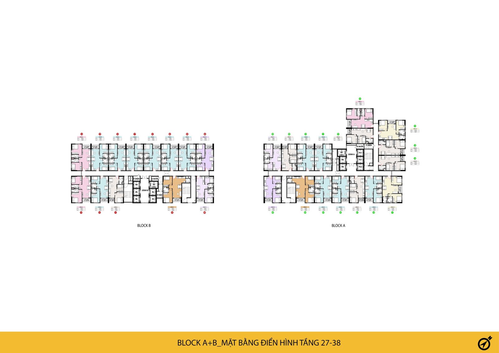 Block A+B mặt bằng điển hình tầng 27 đến 38 Bcons Solary