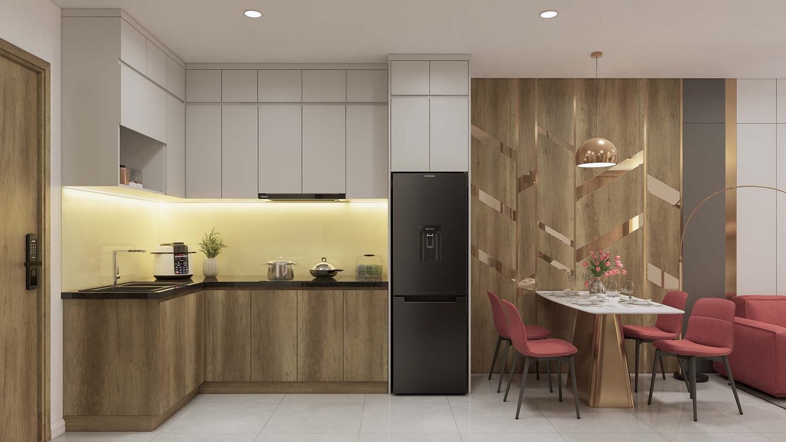 Bếp chữ L ốp gỗ và bàn ăn bốn chỗ — căn mẫu B