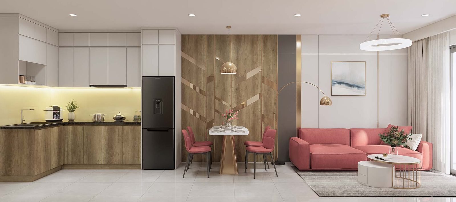 Góc bếp — bàn ăn — sofa nhìn từ hành lang, căn mẫu B