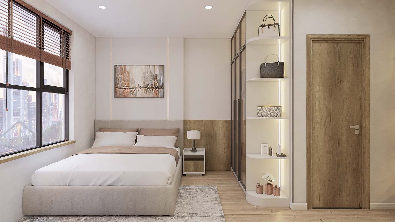 Phòng ngủ chính với kệ trang trí và cửa sổ lớn — căn mẫu B