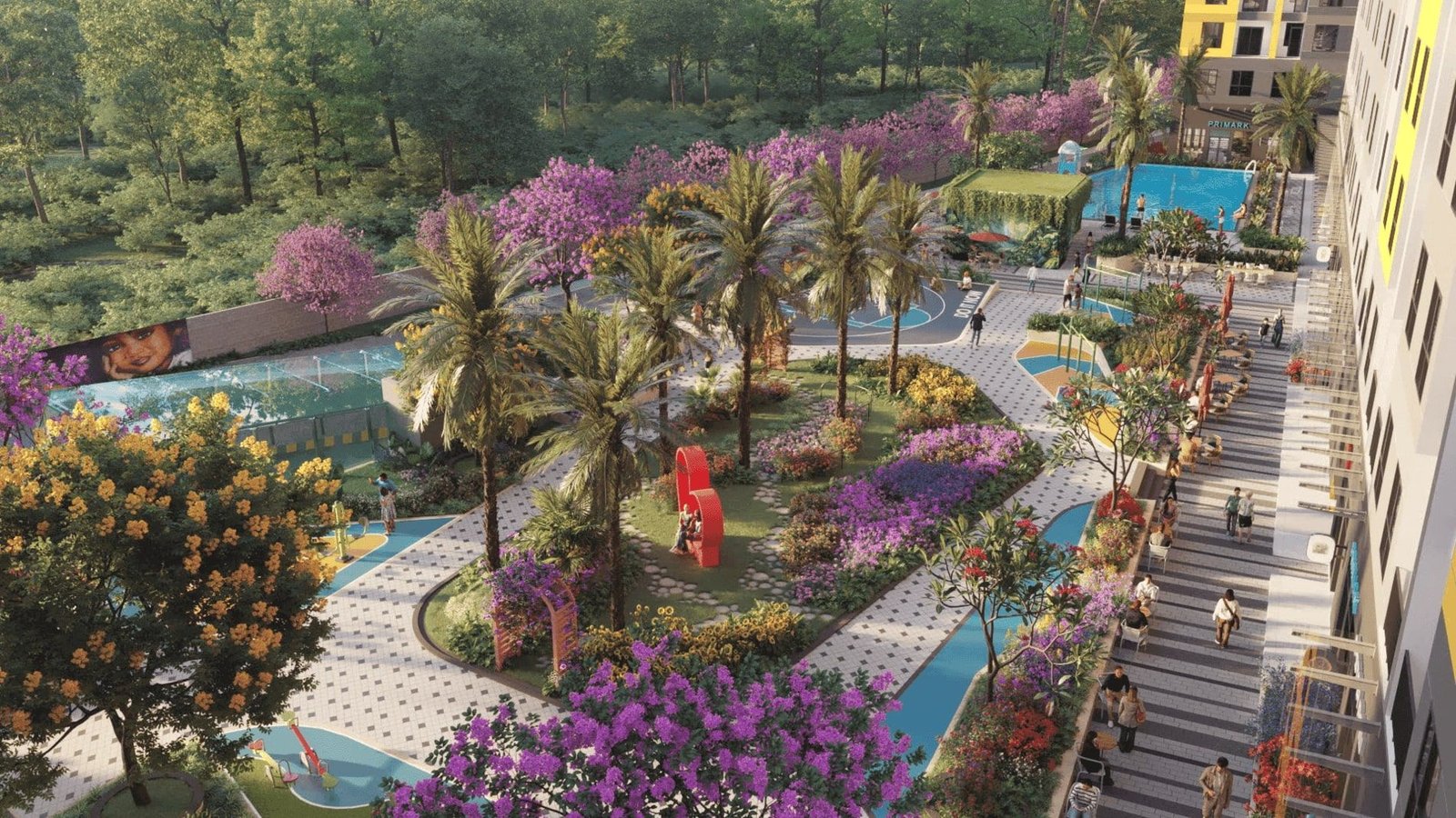 Bcons Solary - công viên nội khu và hồ bơi trung tâm nhìn từ trên cao