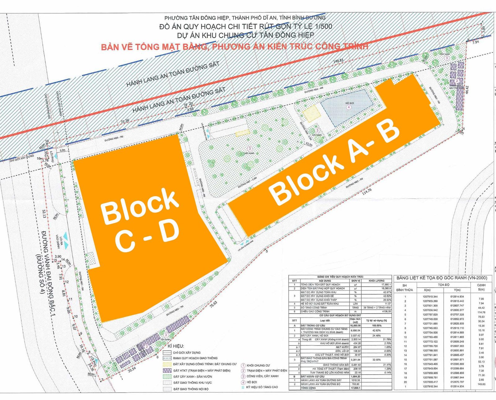 Bản vẽ tổng mặt bằng Bcons Solary với Block A-B và Block C-D